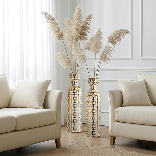Miniatura 4 de Par de jarrones cilíndricos de cerámica de 24.4 pulgadas de alto con detalles geométricos dorados, florero grande, jarrón decorativo, jarrones