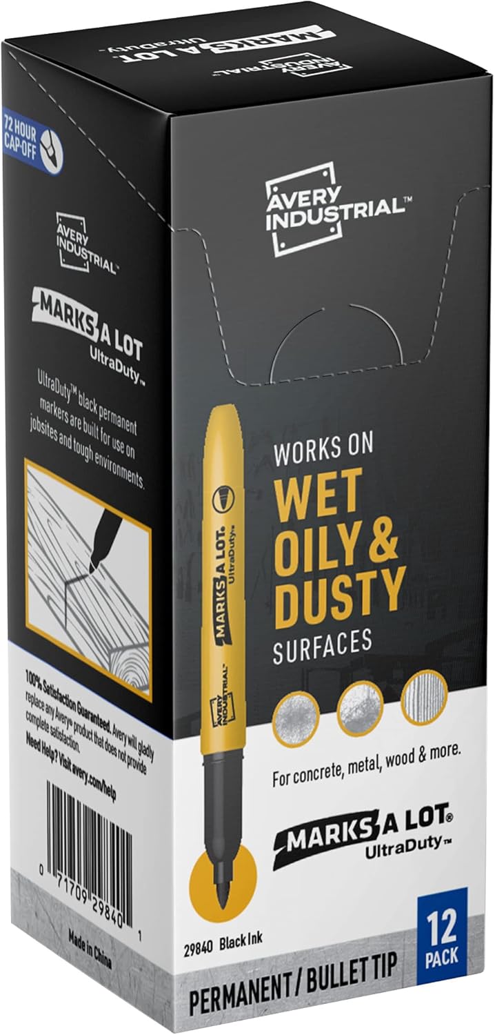 Avery Marks A Lot UltraDuty Bullet Tip Permanent Markers, Water Resistant Ink, For Jobsites and Tough Environments, 12 Black Markers (29840)