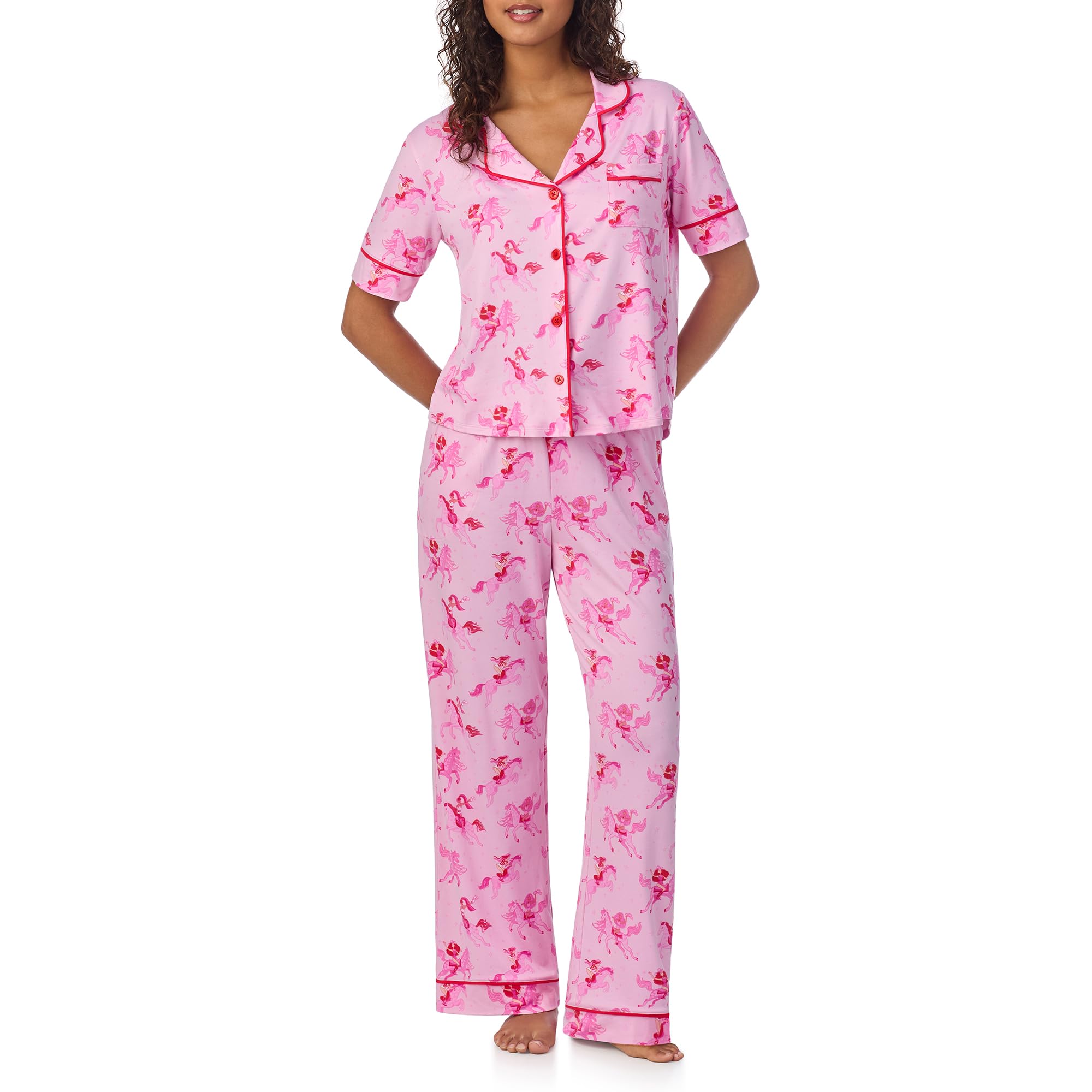 Room Service Womens Pajama Sets Short Sleeve Soft Stretch Jersey Button Down Top with Pants 2 Piece Lounge