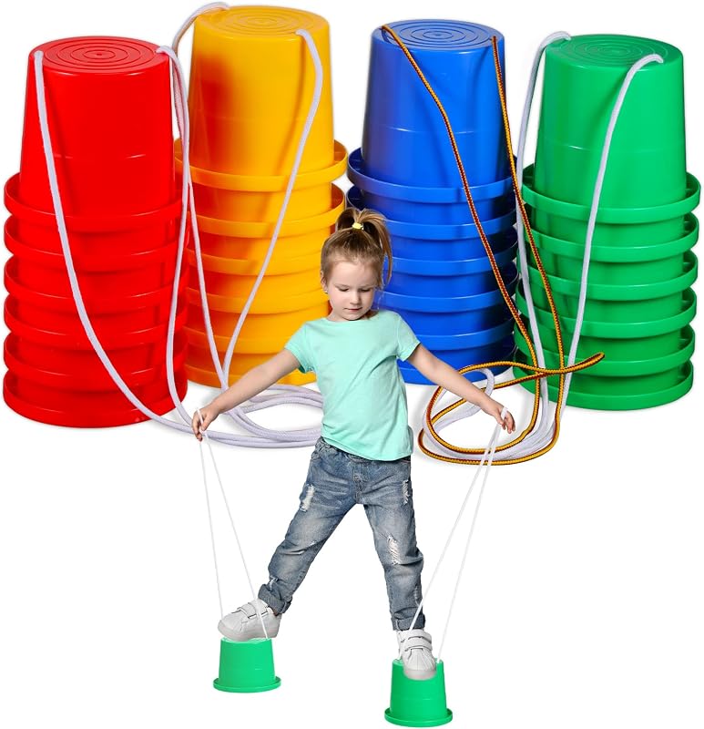 Hungdao 12 Pares de Zancos de Equilibrio para Niños Zancos de Cubo para Caminar Juguete de Plástico para Caminar con Cuerda Ajustable para Juegos de Carrera de Obstáculos en Interiores y Exteriores, 4 Colores