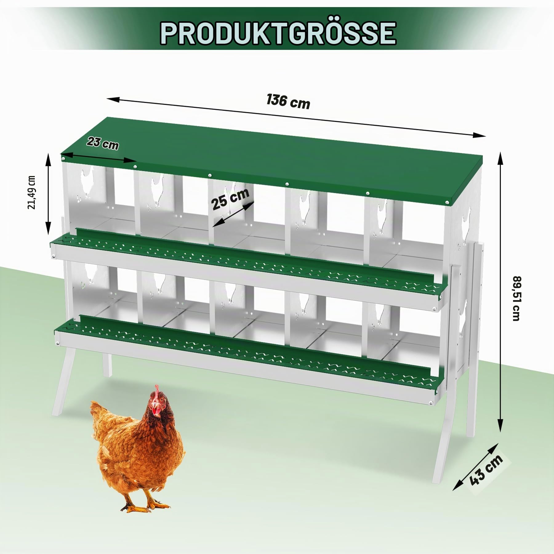 Hühner Legenester 10 Abteile, Metall Rollnestkasten Hühnernest mit Auffangschale & Lüftungsgitter, Hühnerstall Eiersammelboxen mit Standbeine, Stabiler, Korrosionsbeständiger, 136 * 43 * 90cm, Grün