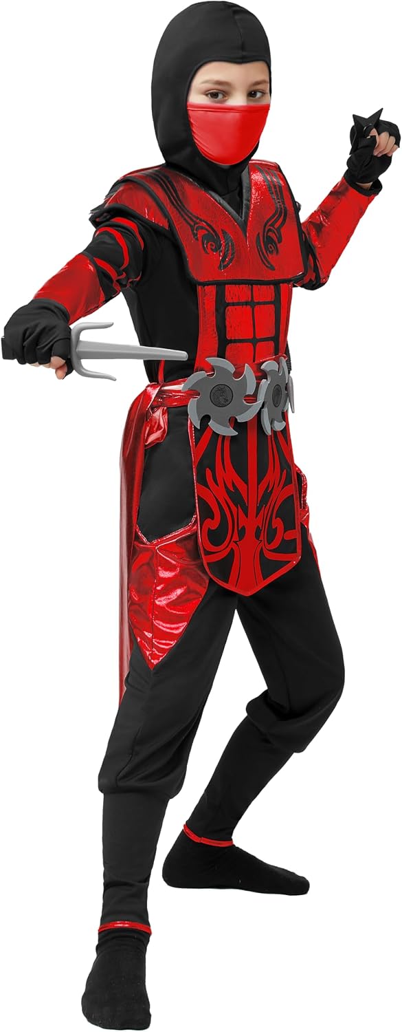 Spooktacular Creations Red Ninja Costume for Boys, Child Red Ninja Costume with Accessories for Kids Halloween Themed Parties