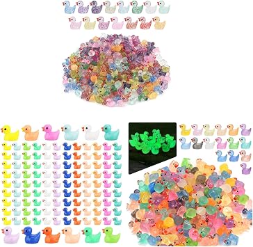 Rclxl 600-Pc Triple-Finish Duck Wonderland 240 Glow-in-The-Dark 16-Color + 120 Rainbow Glitter + 240 Pastel 12-Color Mini Resin Ducklings Friends, Tiny Figurines for Fairy Gardens, Dollhouses,