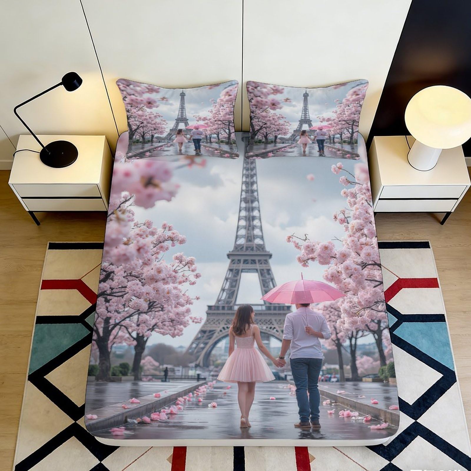 Pnayamiorkfel Style-8 3D Printed Eiffel Tower Blossom Fitted Sheet Microfiber Soft Pink Romantic Paris Bed Cover For Bedroom Guest Room 90X200x25cm