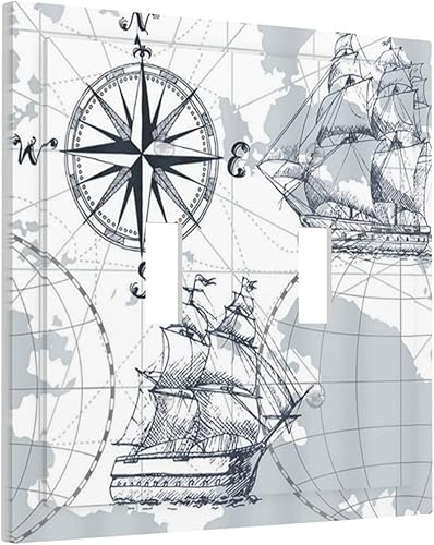 Miniatura 2 de Cubierta de interruptor de luz, velero náutico, brújula, boceto, barco, placa de pared de 2 cuadras, placa de interruptor de luz doble, cubierta