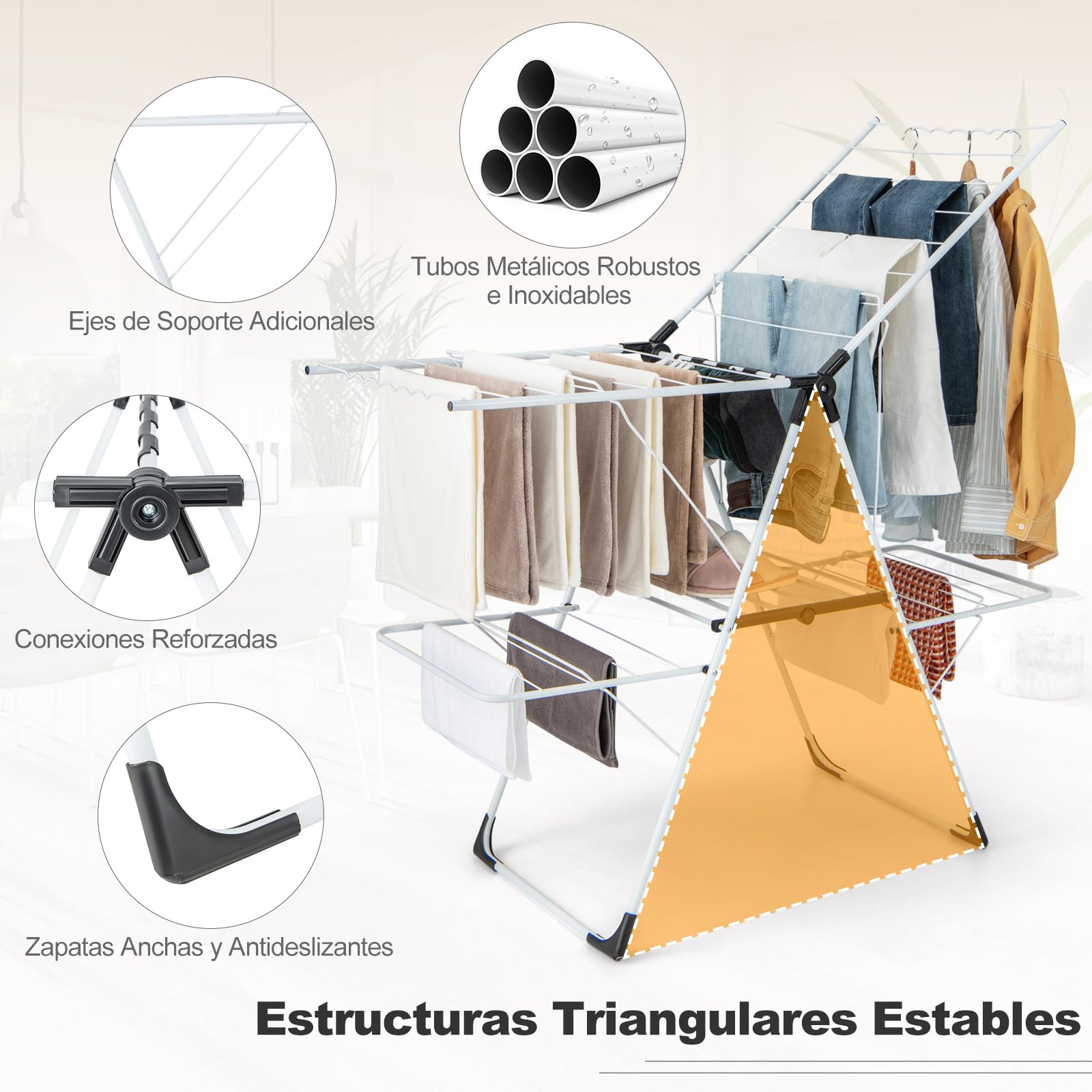 COSTWAY Tendedero de Ropa Plegable de 2 Niveles, Tendedero con Alas Ajustables en Altura, 33 Rieles de Secado y Clips para Calcetines, Soporte para Ropa Independiente para Uso Interior y Exterior