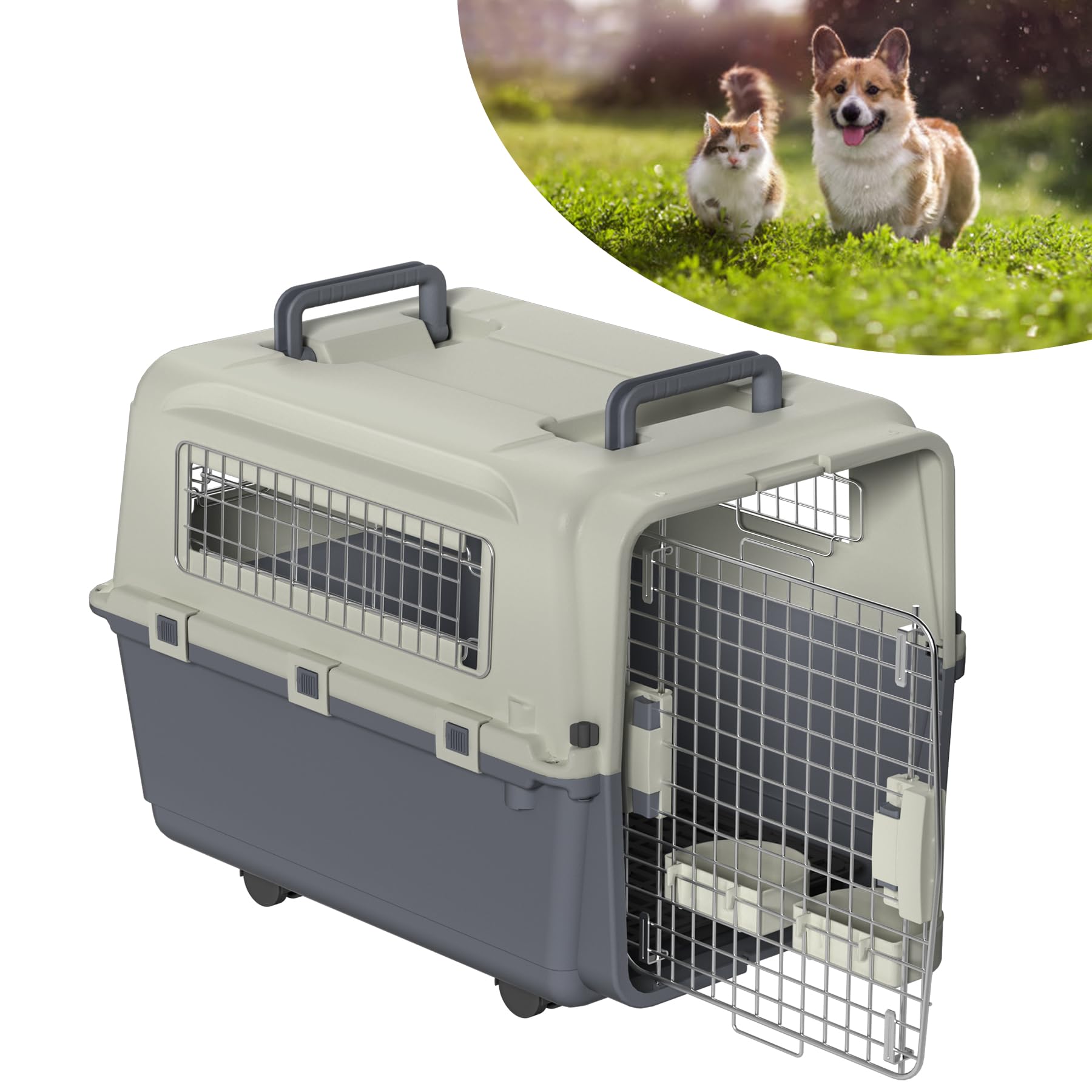 Hundebox Flugzeugbox Kunststoff Transportbox für Hunde und Katzen 67x51x58.5cm Hundetransportbox Katzentransportbox mit Futterbehälter und Urinabstandshalter Tiertransportbox, Dunkelgrau