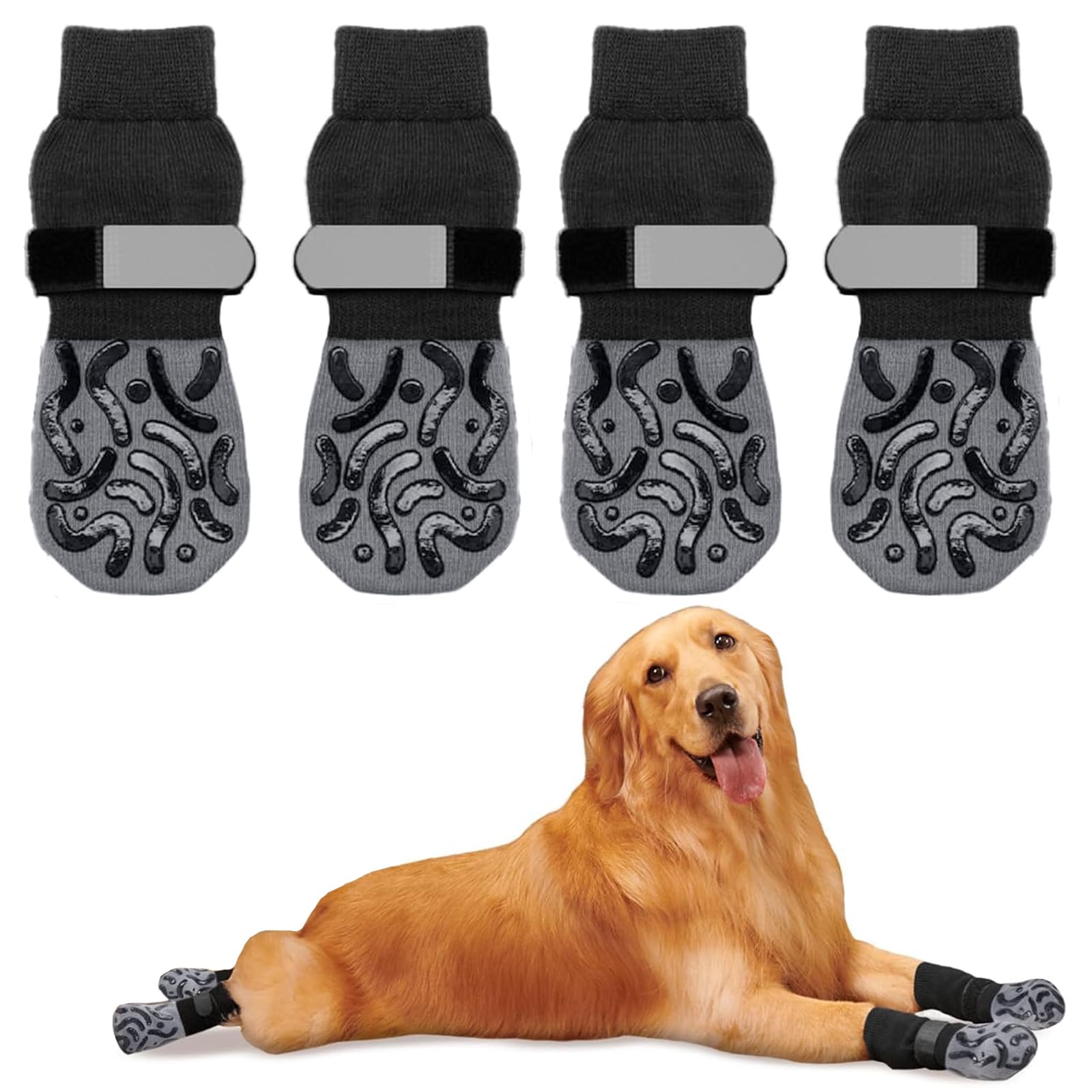4 Pièces Chaussette Antidérapante Chien, Chaussette Chien avec Bandes de Fixation Réglables avec Renforcement en Caoutchouc Protège, Double Face Antidérapante sur Sol en Bois Dur (L)