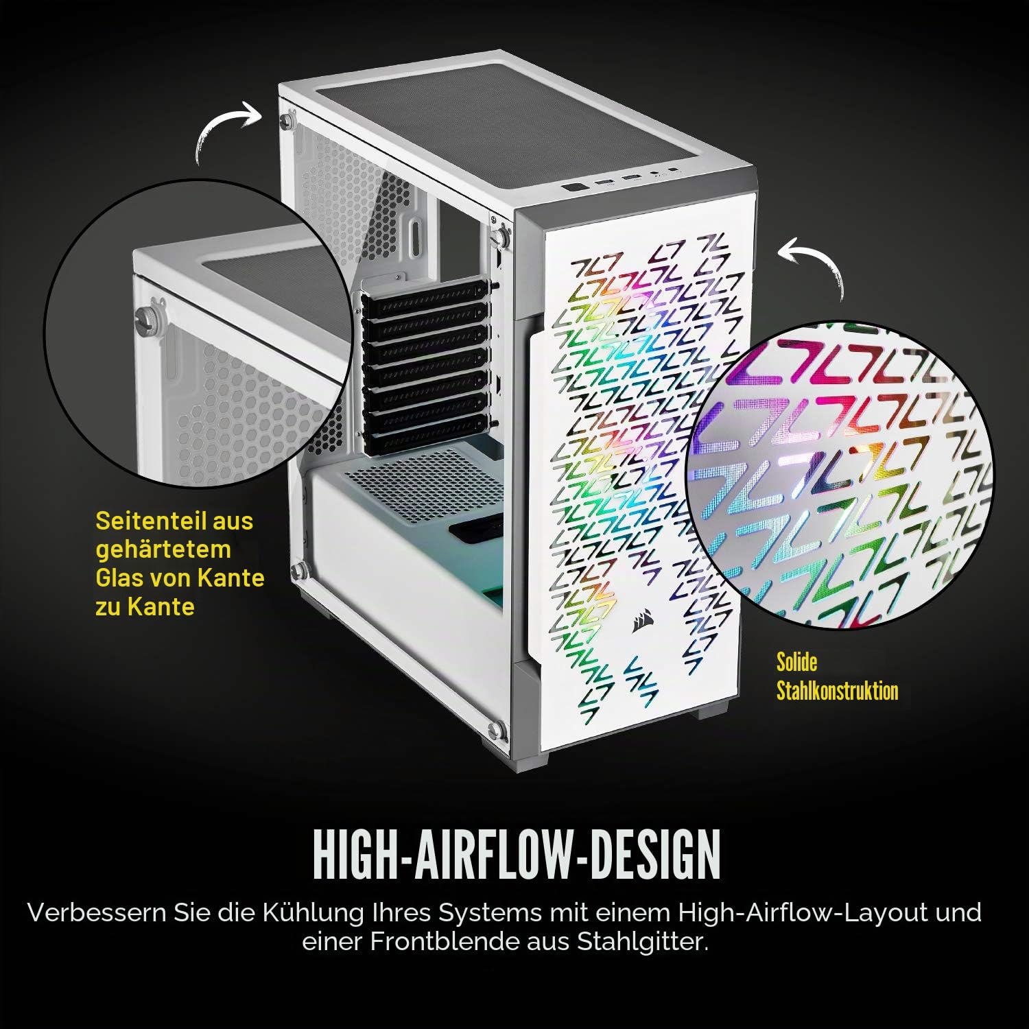 Corsair iCUE 220T RGB Airflow GEH?rtetes Glas Mid-Tower ATX Smartes Gaming GEH?use, wei, CC-9011174-WW