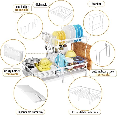Miniatura 4 de YKLSLH Escurridor de platos expandible estante de secado grande de 2 niveles para encimera de cocina con escurridor soporte de vidrio soporte para