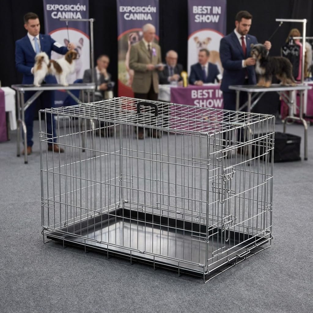 Suinga – Porta gabbia da esposizione pieghevole in metallo per animali domestici, per cani e gatti con vassoio, dimensioni: 48 x 76,5 x 55,5 cm, prodotta in Spagna.