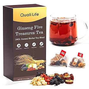 Ginseng Five Treasures Tea Kidney Tea, Chinese Herbal Tea, Natural Kidney Cleanse & Detox with Ginseng, Red Date, Mulberry, Maca, Wolfberry, Yam, Polygonatum for Men (15 Bags)