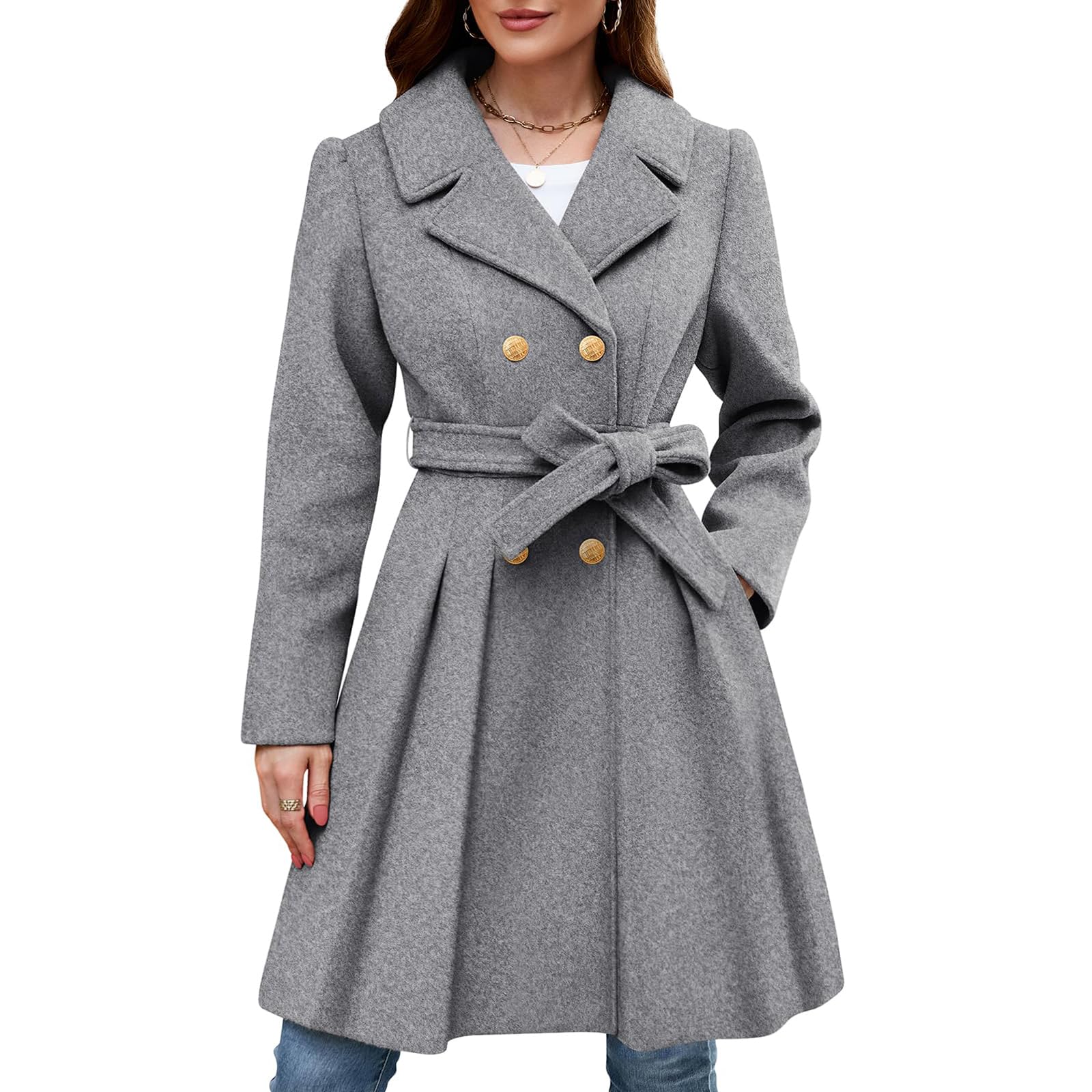 Generisch Trenchcoat Damen Lang Winterjacke Warm Elegant Wollmantel Dicke Oversize Damen-Jacken Umlegekragen Wintermantel Mit Knöpfen Übergangsjacke Frauen A-Linie Mantel Mit Gürtel Wolljacke