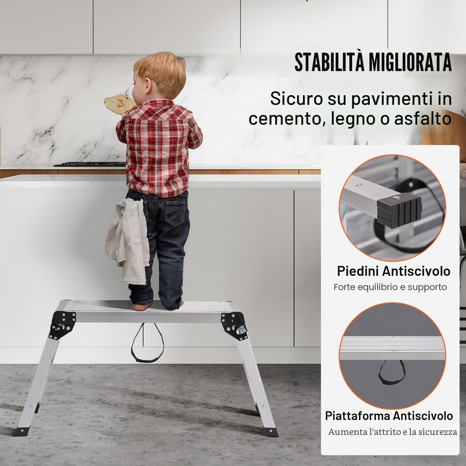 VEVOR Piattaforma da Lavoro in Alluminio Pieghevole Portatile Carico Max. 150 kg Uso Interno Esterno,Sgabello da Lavoro Basso in Alluminio Pieghevole 50,8 x 76 x 30 cm, Argento