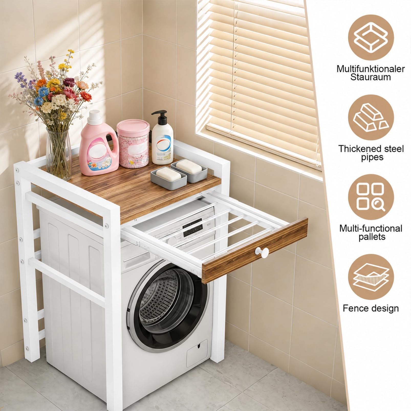 Estantería para lavadora, lavadora y secadora superpuestas, capacidad de carga de 300 kg, armario de lavadora para baño, cocina, balcón, lavandería (blanco con cajones)