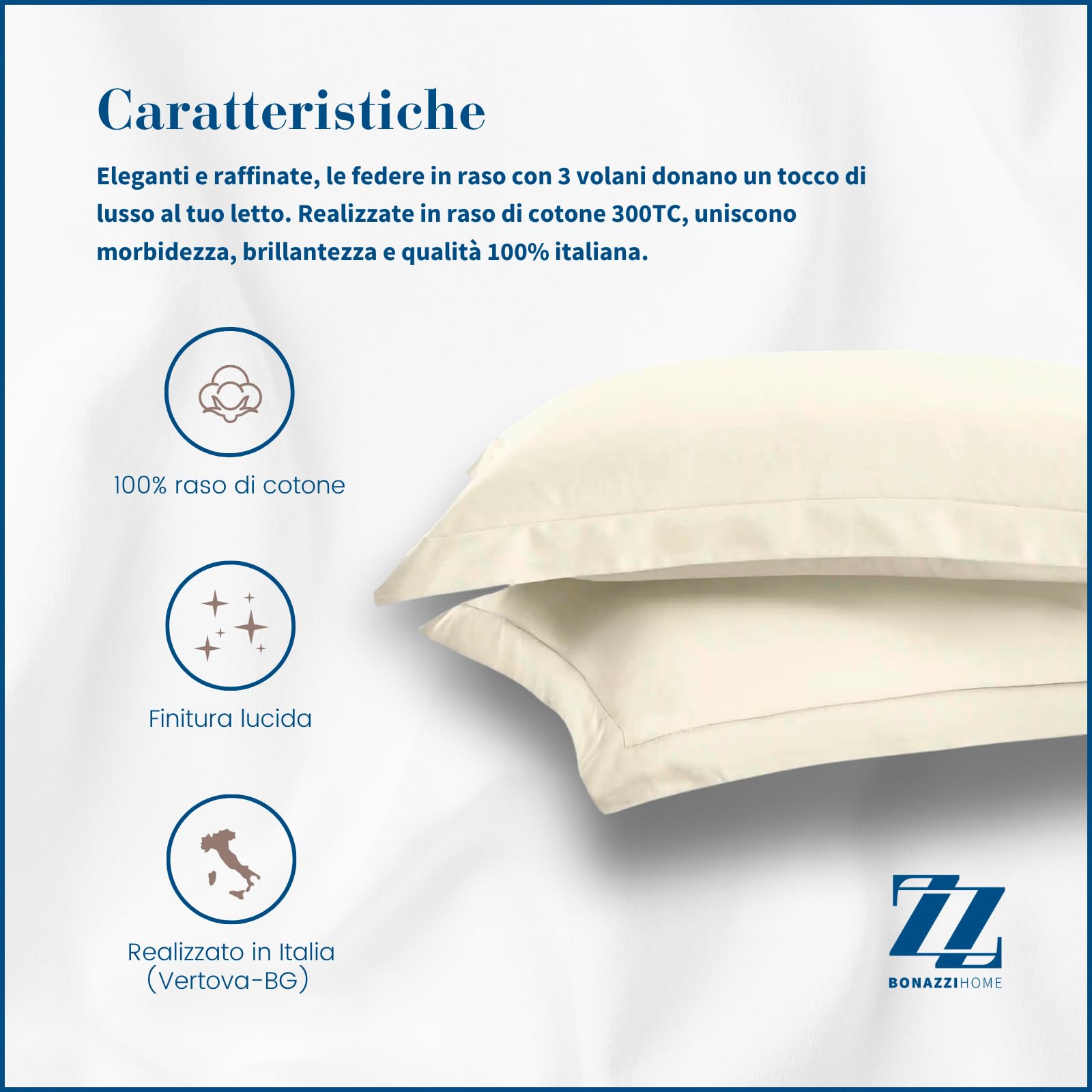 Bonazzi Home, 2 fundas de almohada de raso de puro algodón, medida 50 x 80 cm, 100% Made in Italy (marfil)