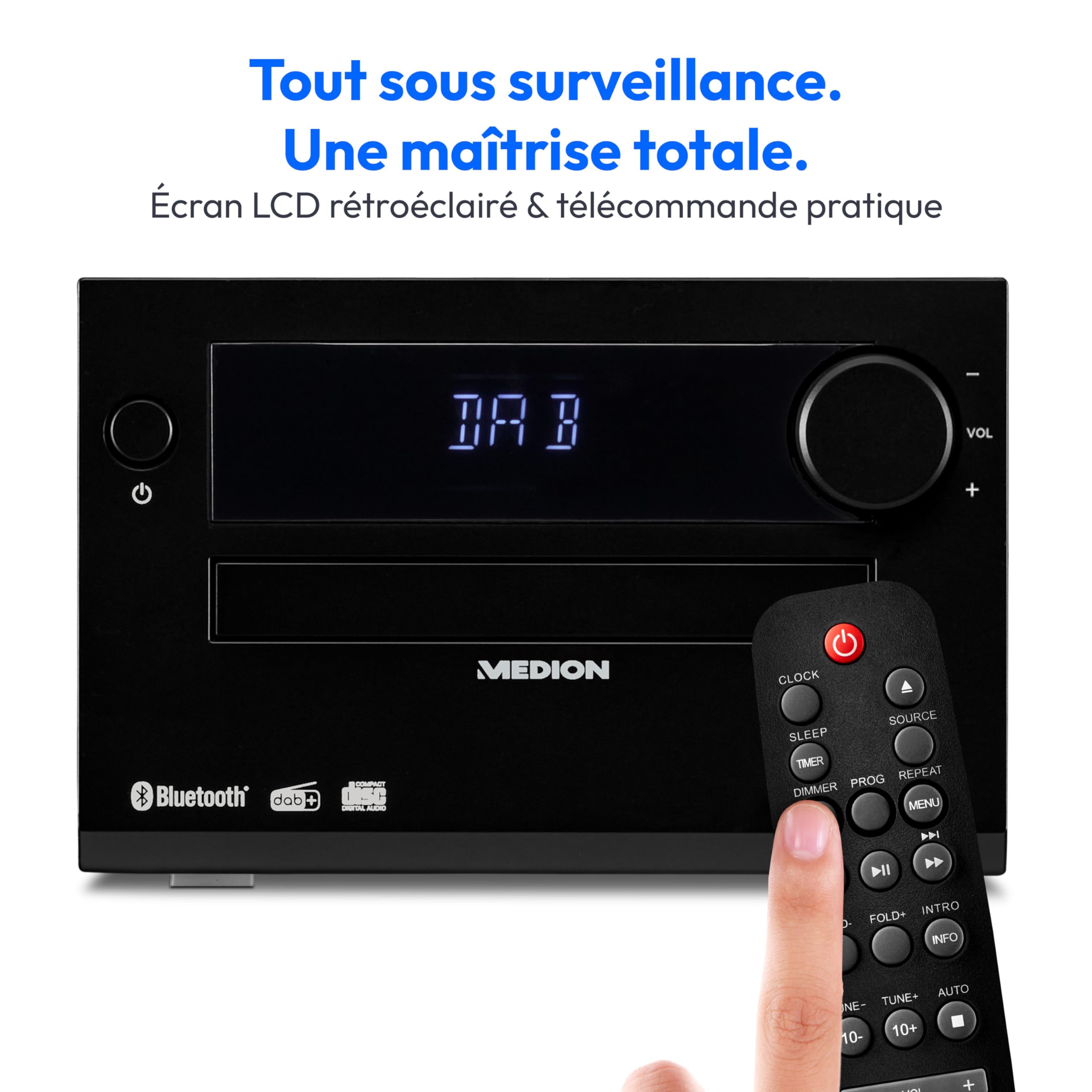 MEDION E64482 Microsystème Audio Compact (Radio Internet, Dab+, Lecteur CD, Radio FM PLL, Bluetooth, Lecteur MP3, AUX, Prise Casque, USB, minuteur de Mise en Veille, écran à intensité Variable) Noir