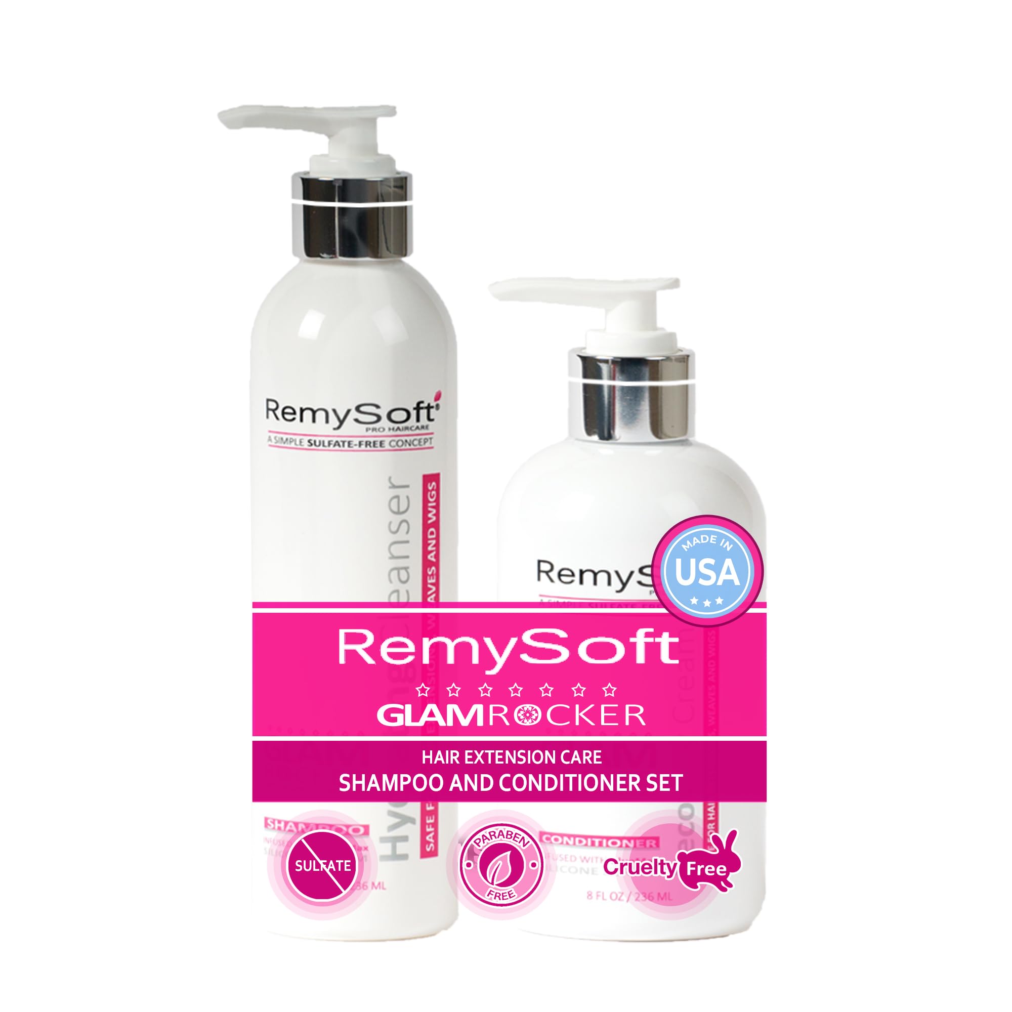 RemySoft Glam Rocker Hydrating Cleanser & Recovery Cream Duo - Safe for Hair Extensions, Weaves and Wigs - Salon Formula Shampoo and Conditioner Combo