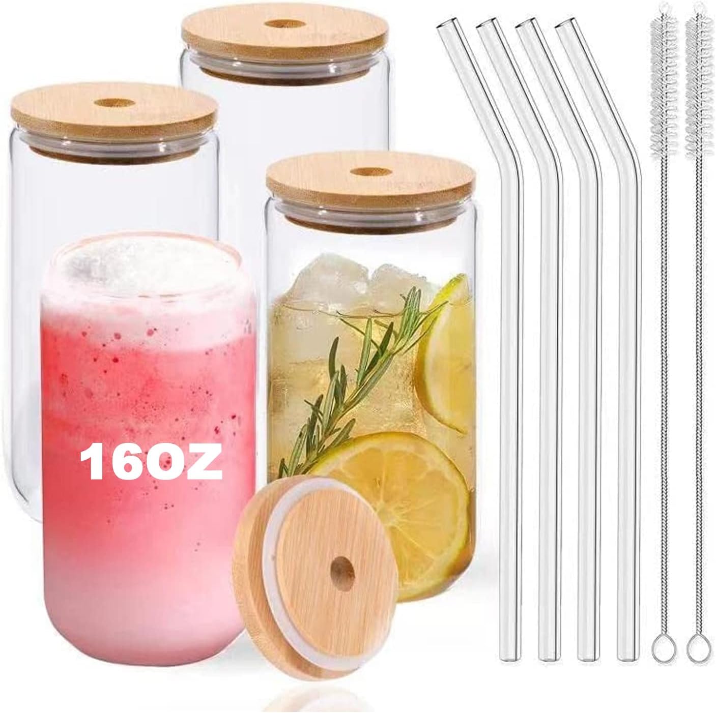 [ 4-Pack, 480ml] Design•Master Premium Glass Cup with Bamboo Lids and Glass Straws, Can Shaped Beer Glasses, Perfect for Beer, Cocktail, Iced Coffee, Iced Tea and Soda.