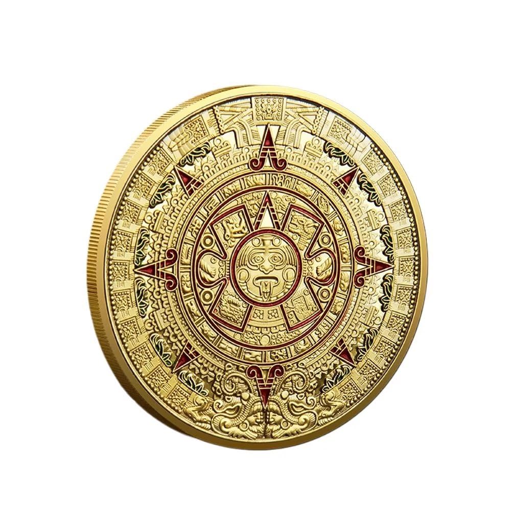 Mexico Mayan Aztec Sun Stone Calendar Gold Coin rophecy Culture Challenge Coin for Collectors