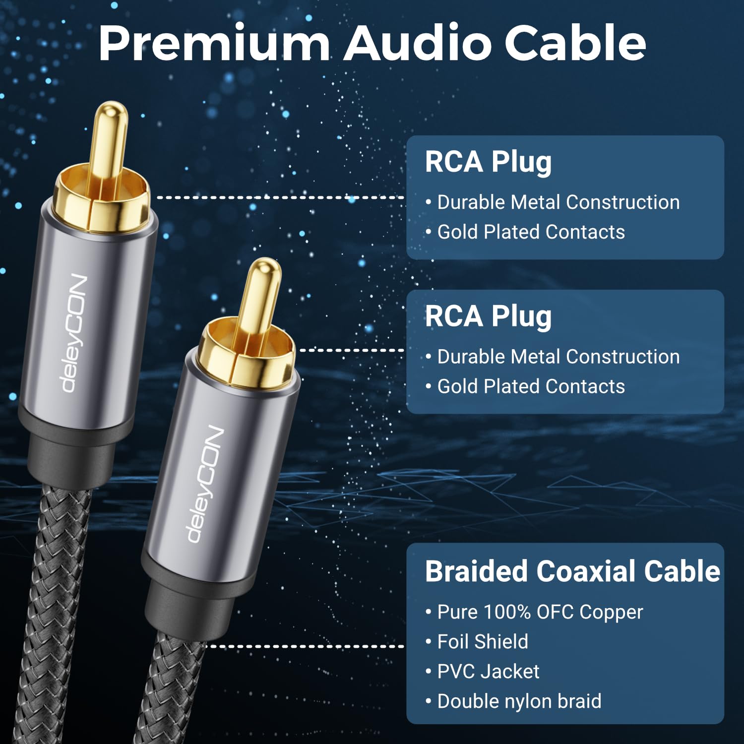 deleyCON 10m Cable para Subwoofer - Cable Coaxial RCA Cinch - para Subwoofer, Receptor AV, Amplificador HiFi, Sistemas HiFi, Barras de Sonido, Altavoces Activos - Nylon Negro