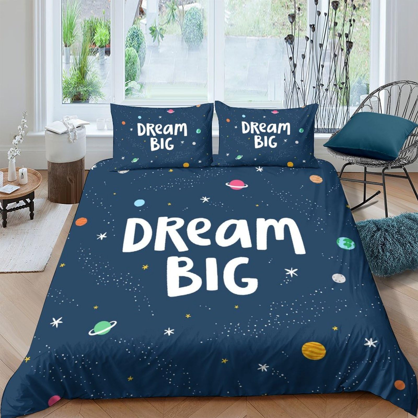 GPLZQXKJNH 3D Printed Dream Big Galaxy Duvet Cover Microfiber Soft Breathable Cosmic Planets Bedding Set with 2 Pillowcases for Bedroom Decor Single（135x200cm）
