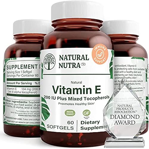Natural Nutra Suplemento de vitamina E de 200 UI para piel, cabello y uñas, promueve la salud del corazón, ayuda a prevenir la piel dañada, promueve