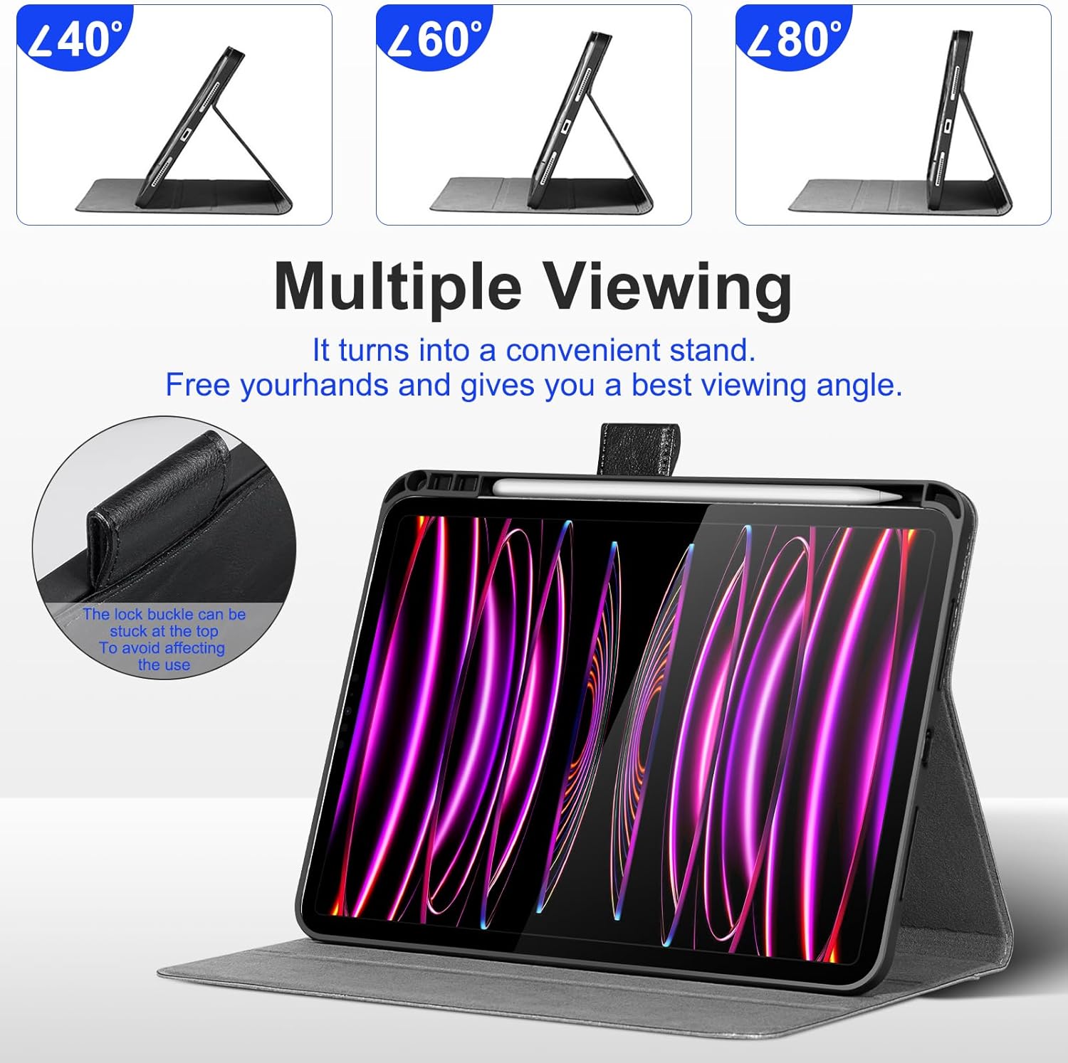 Genuine Leather Case for iPad Pro 13 Inch M5 2025/M4 2024 with Pencil Holder, Protective Shockproof Premium Leather Smart Folio Cover Adjustable Stand Auto Sleep/Wake Anti-Slip, Black