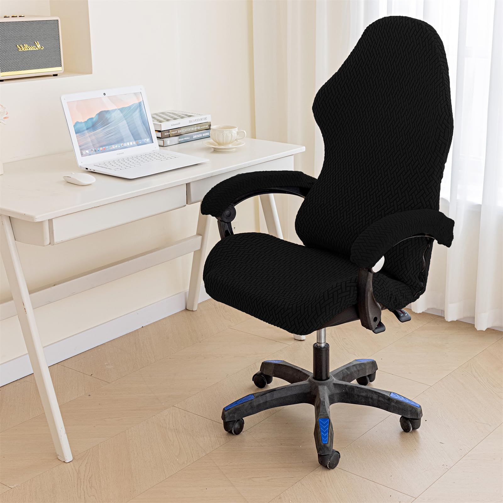 Housses de Chaise de Gaming,Housses de Chaise de Jeu Extensible 4 pièces,Housse de Chaise de Bureau avec Accoudoirs/Dossier de Chaise,Housse de Fauteuil Rotatif,Pas de Chaise-Black