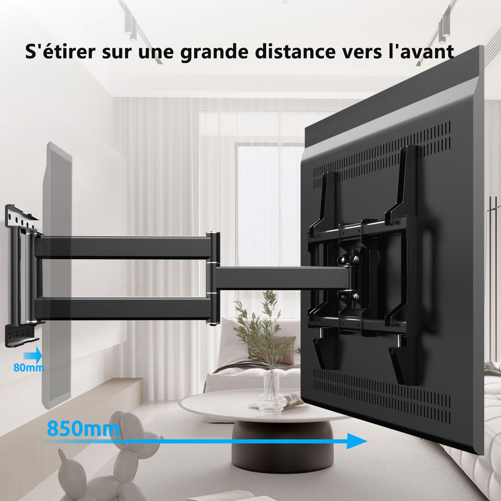 Support Mural TV Inclinable et Orientable avec Bras Long Extension pour 32-80 Pouces Écrans Plats/Incurvés,Fixation Murale TV Ajustable Pivotant à 90 Degrés jusqu'à 50KG Max VESA 600x400 mm
