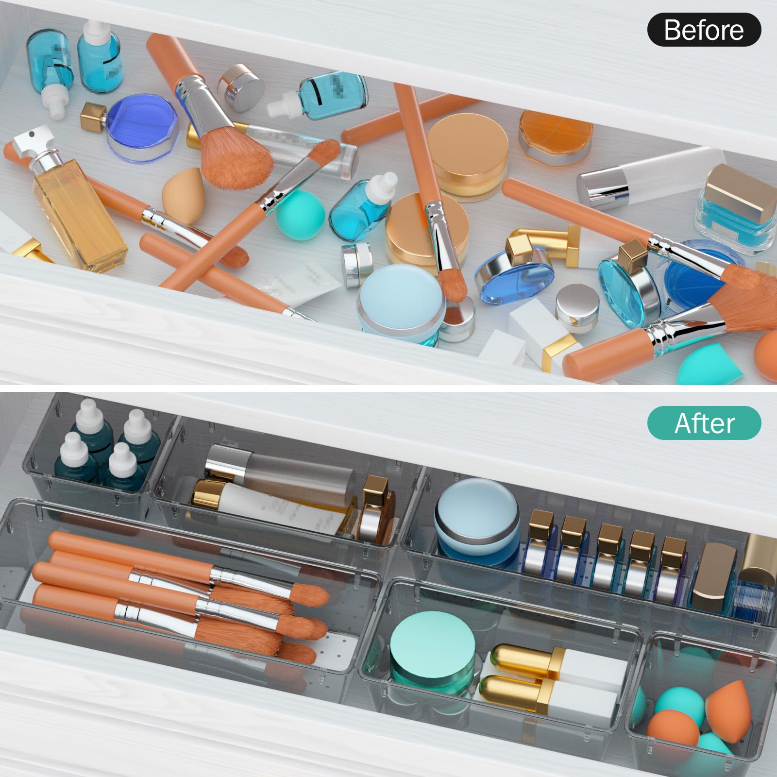WOWBOX Juego de 6 organizadores de cajones transparentes, bandejas de almacenamiento de cajones de acrílico, contenedores de almacenamiento para maquillaje, cosméticos, joyas, utensilios,