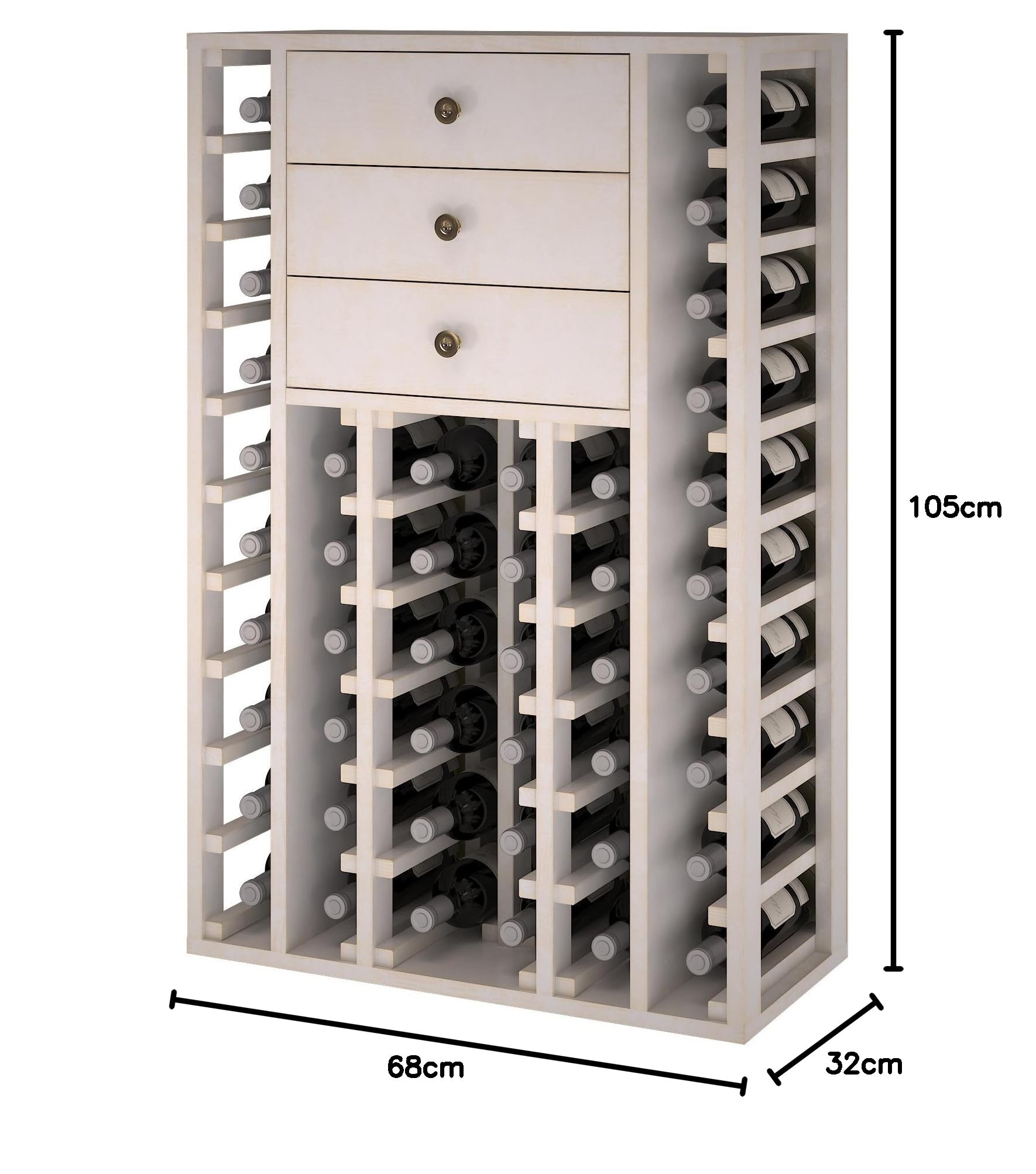 Ew2510 Botellero Pino con Capacidad para 46 Botellas Y 3 Cajones Superiores, Madera, Blanco