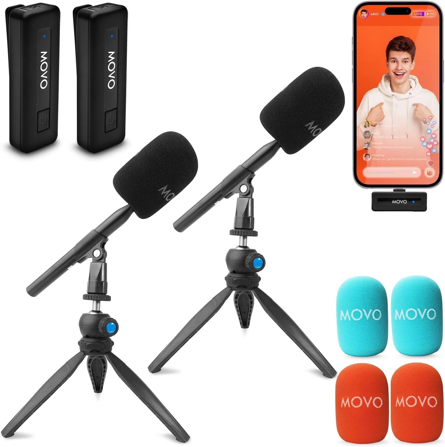 Movo Wireless Mini Wireless Microphone for iPhone Podcast Equipment Bundle with WMX-HM Handle/Desktop Mic Stand – Wireless iPhone Mics for Podcasting, Interviews, and Content Creation (Lightning)