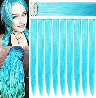 9 extensiones de cabello de fiesta de color de 21 pulgadas, peluca de pelo lacio sintético con clip, accesorios para el cabello multicolor para mujeres (azul cielo)
