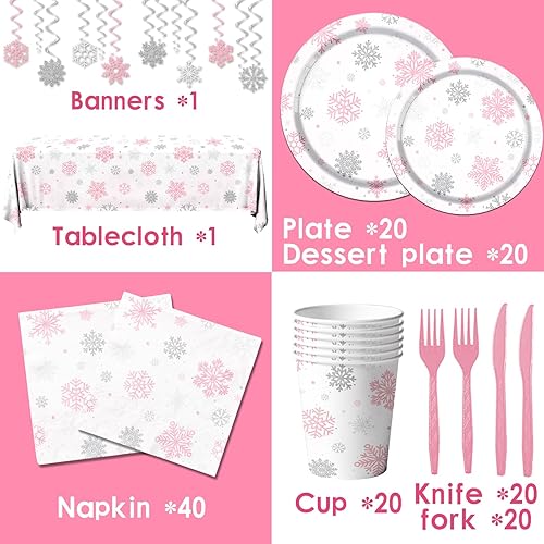 Miniatura 3 de 142 piezas de vajilla de copo de nieve de invierno, decoración de fiesta de copo de nieve de invierno, diseño de copo de nieve rosa y blanco con