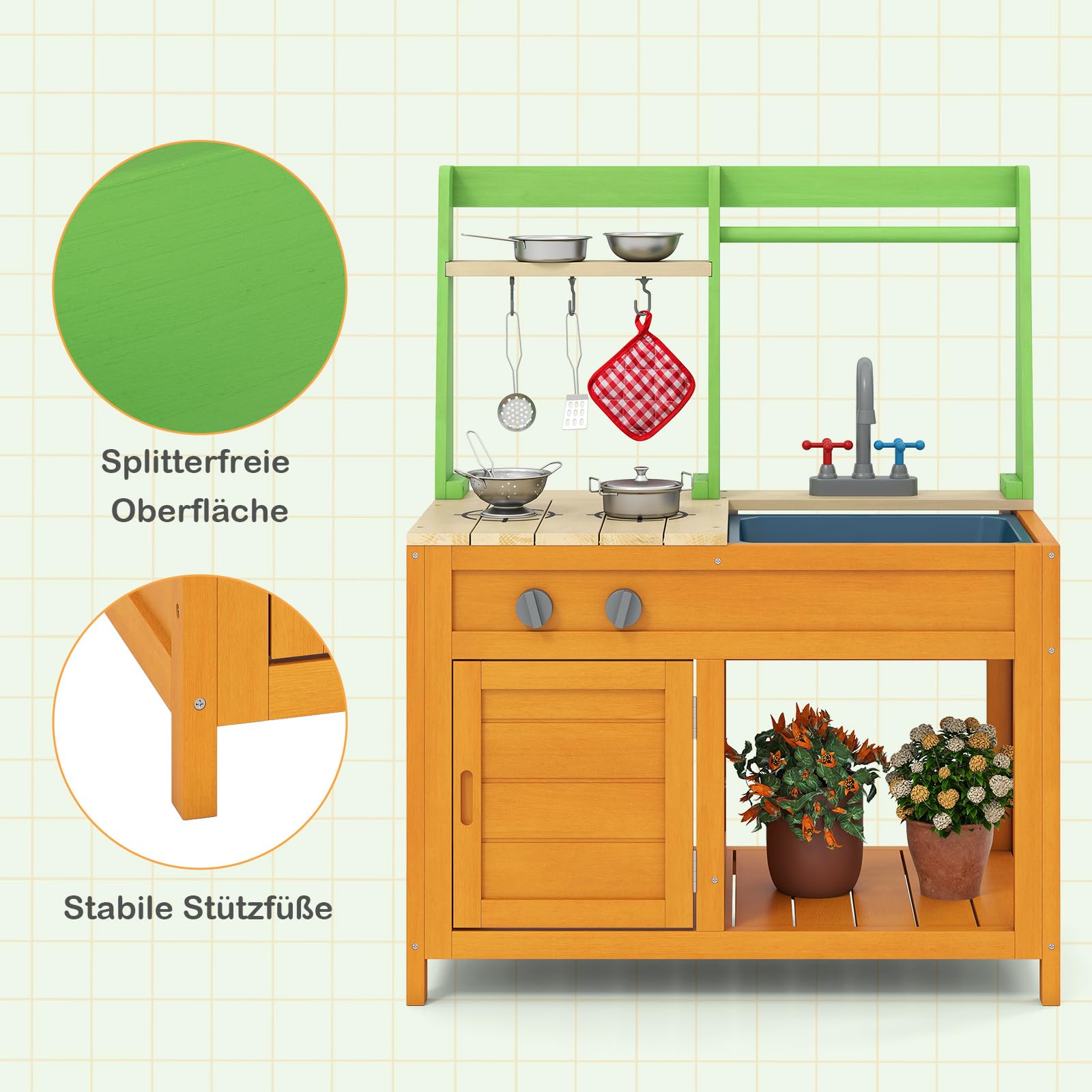 COSTWAY Matschküche Kinder Outdoor, Kinderküche mit Zubehör, Spielküche mit realistischen Herden & Wasserhahn & Spüle & Ofen, Outdoor Küche Gartenküche für Kinder ab 3 Jahren