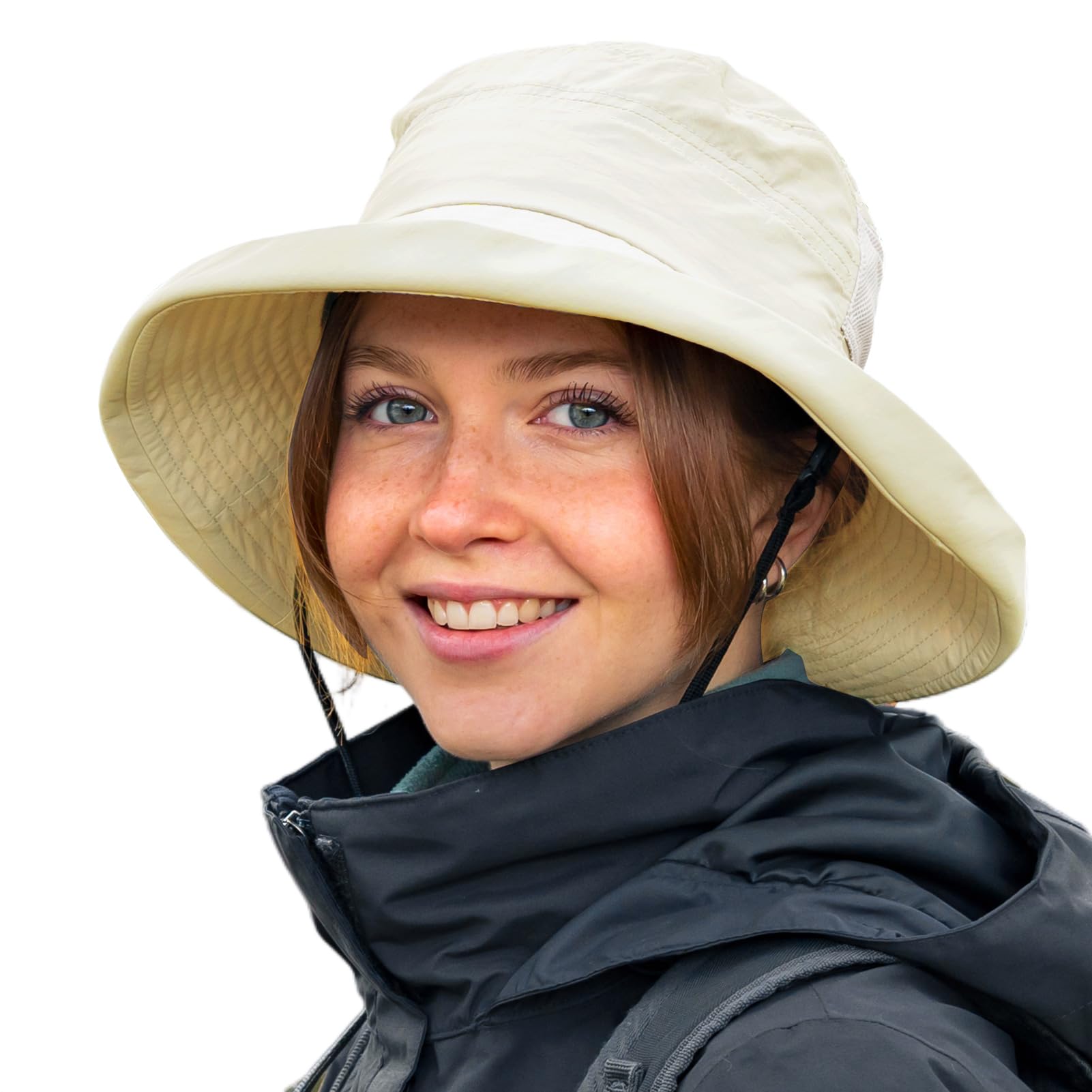TOP-EX Women's Sun Hat with Ponytail, UPF 50 Wide Brim Fishing Hat for UV Protection, Waterproof Rain Hat, Bucket Hat with Chin Strap, Breathable Summer Mesh, Foldable, Outdoor Safari, beige, X-Large