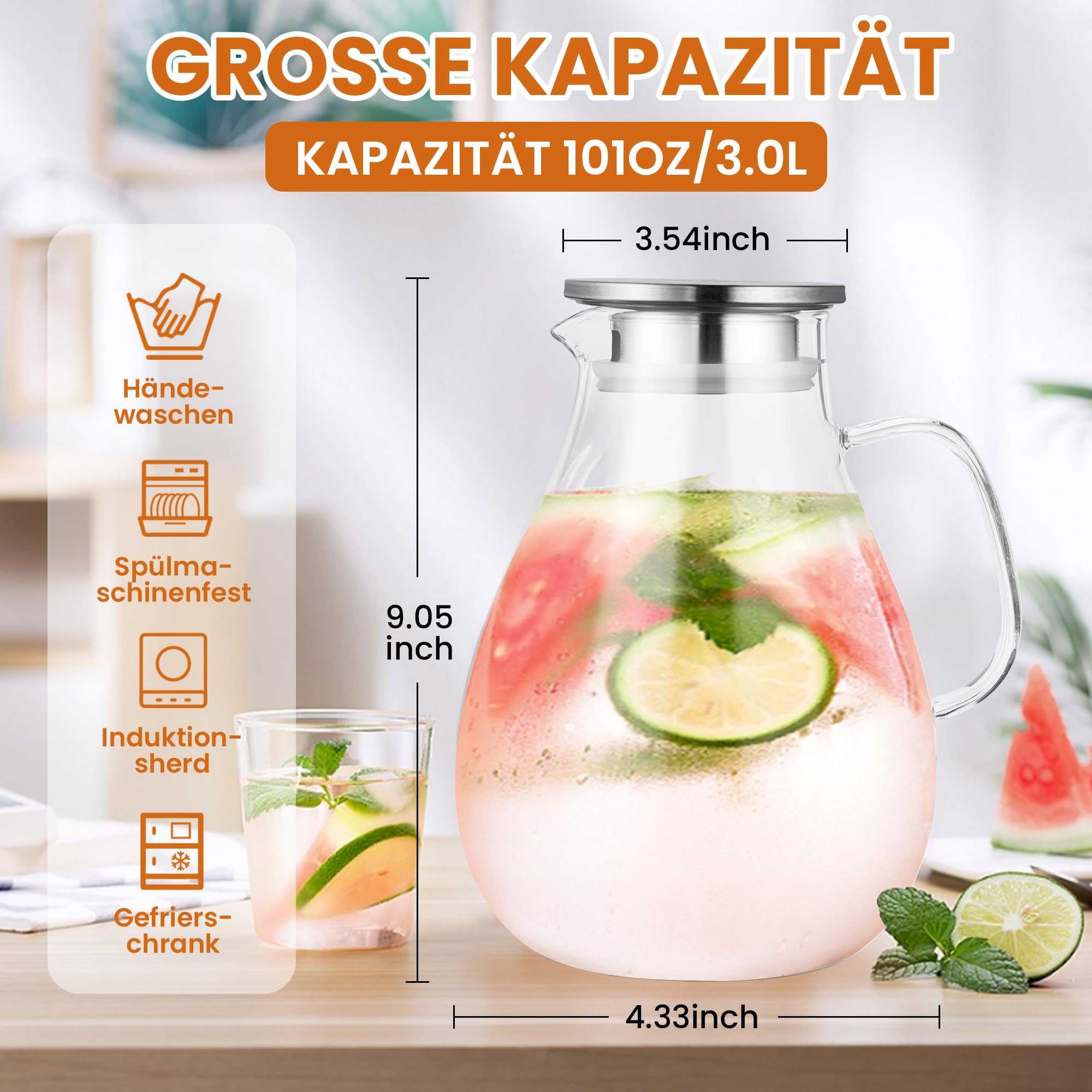 SUSTEAS 3.0 Liter 101 Unzen Wasserkaraffe, Glaskaraffe mit Deckel und Breitem Griff, Leicht zu Reinigender Glaskaraffe für den Kühlschrank, Wasserkrug für Eistee/Milch/Kaffee/Wein, Karaffen Mit Bürste