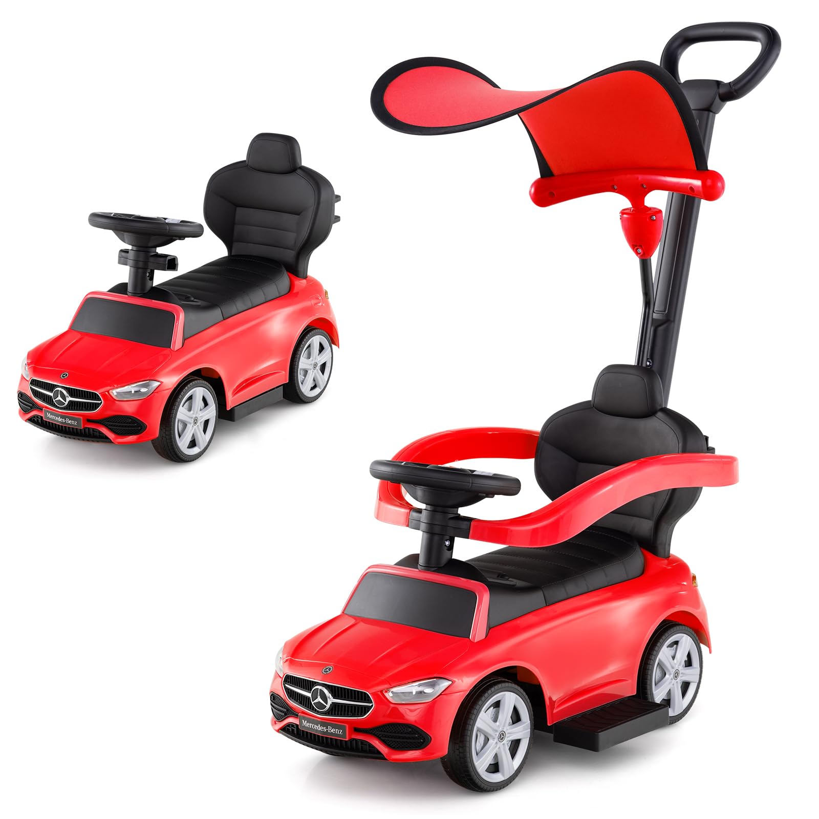 COSTWAY 3 in 1 Ride on Push Car, Mercedes-Benz Licensed Toddler Sliding Car with Steering Handle and Wheel, Horn, Adjustable Canopy, Foot to Floor Slider for Boys Girls 18-36 Months Old (Red) — image 1