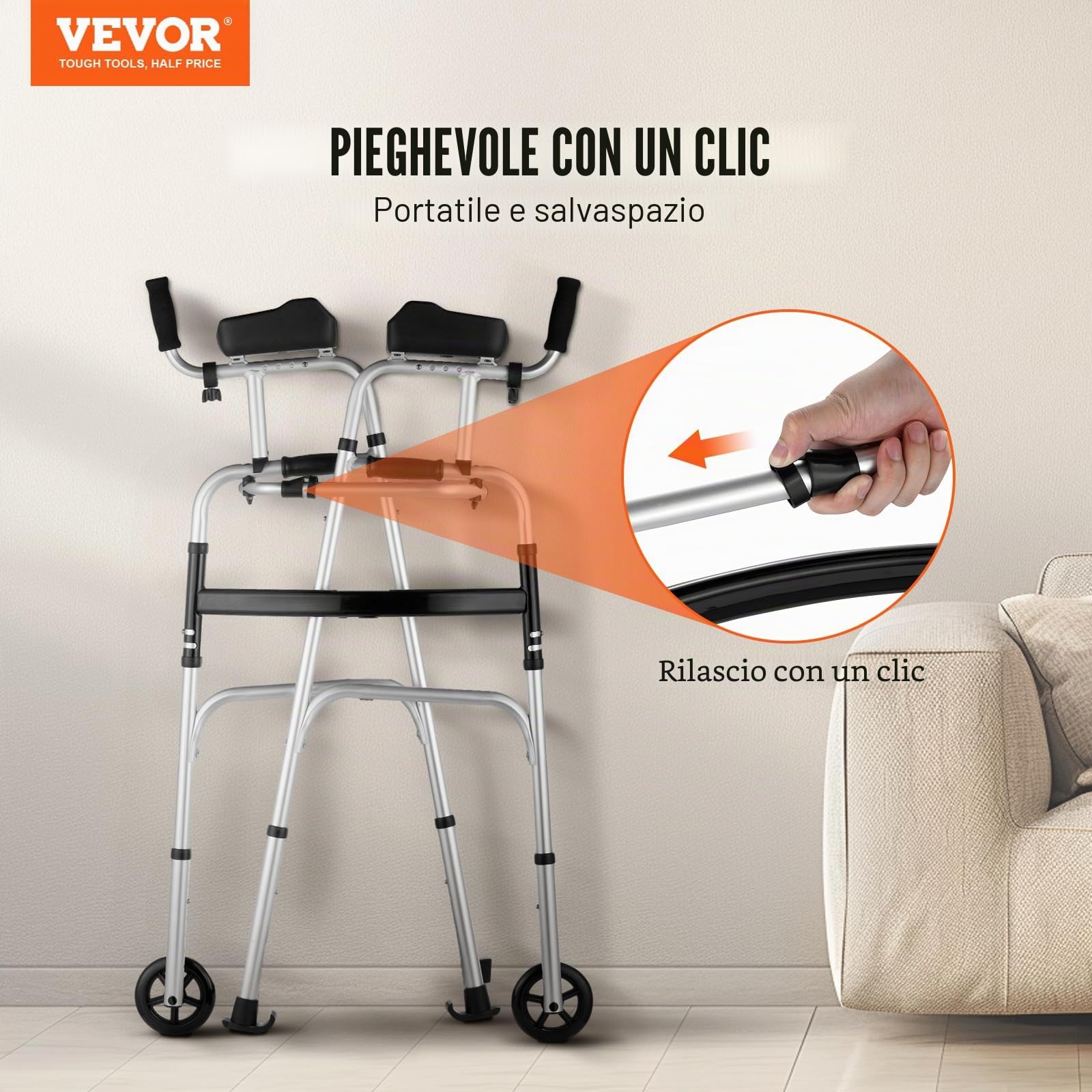 VEVOR Deambulatore Pieghevole 2 in 1 Ausilio per Mobilità con Ruote Anteriori, Braccioli Rimovibili, Altezza Regolabile con Ruote Solide da 127 mm Alluminio Leggero, per Anziani Disabili, 204,11 kg