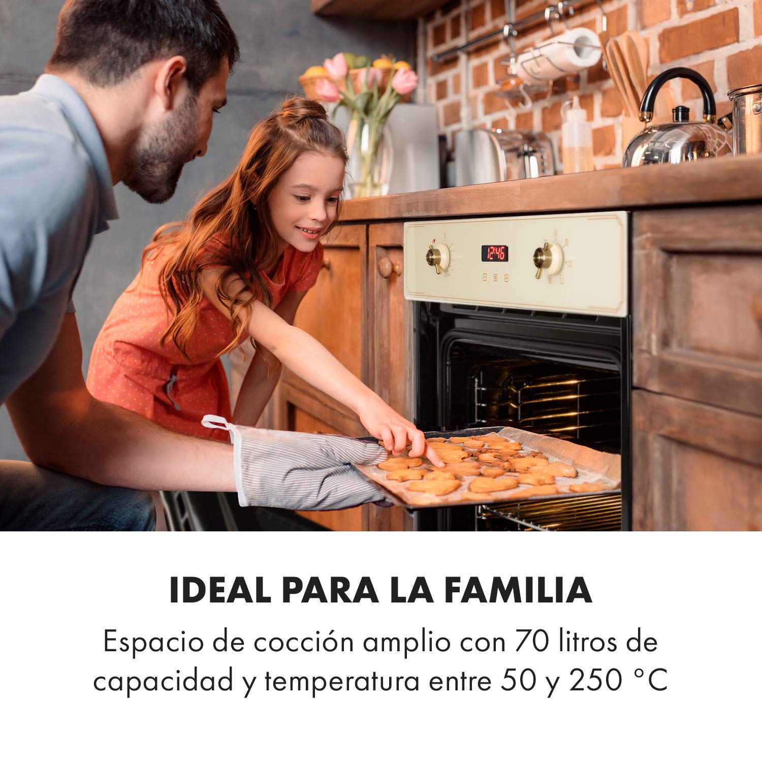 Klarstein Elizabeth - Horno eléctrico encastrable, Potencia 2.200 W, Circulación de aire, Función grill, Temporizador, Voluen 70 L, 5 ranuras, 50-250 °C, Iluminación interior, Pantalla digital, Crema
