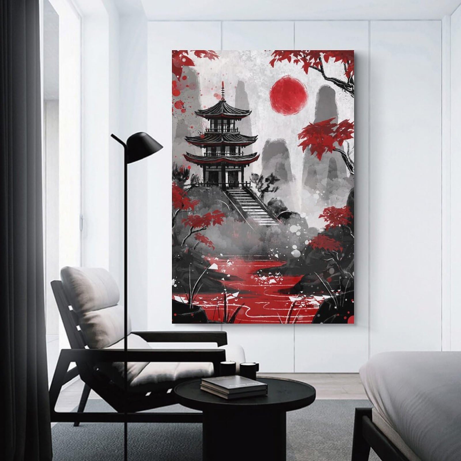 Junmoney Canvas Wall Decor Japanese Pagoda with Red Sun, 24x36inch(60x90cm), for Bedroom Decor, Cosy Corners Or Studios, Decorative Wall Art for Cosy Rooms