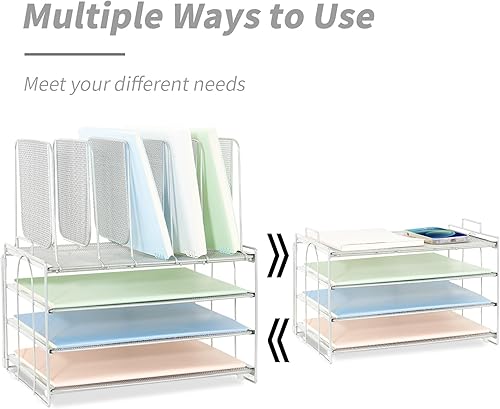 Miniatura 9 de Organizador de papel de escritorio con asa, bandejas de letras de 3 niveles con 5 soportes verticales para archivos, almacenamiento de papel,