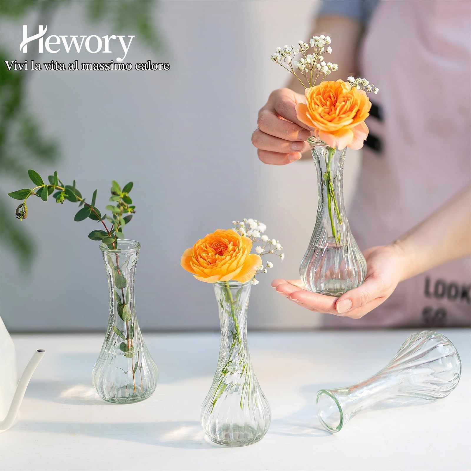 Vaso Di Boccioli Di Vetro Per Fiori - Hewory Set Di 12 Piccoli Vasi Sfusi Per Centrotavola Da Tavola, Mini Vaso Trasparente A Coste Con Rose Per Eventi Soggiorno Decorativo Floreale A Stelo Singolo