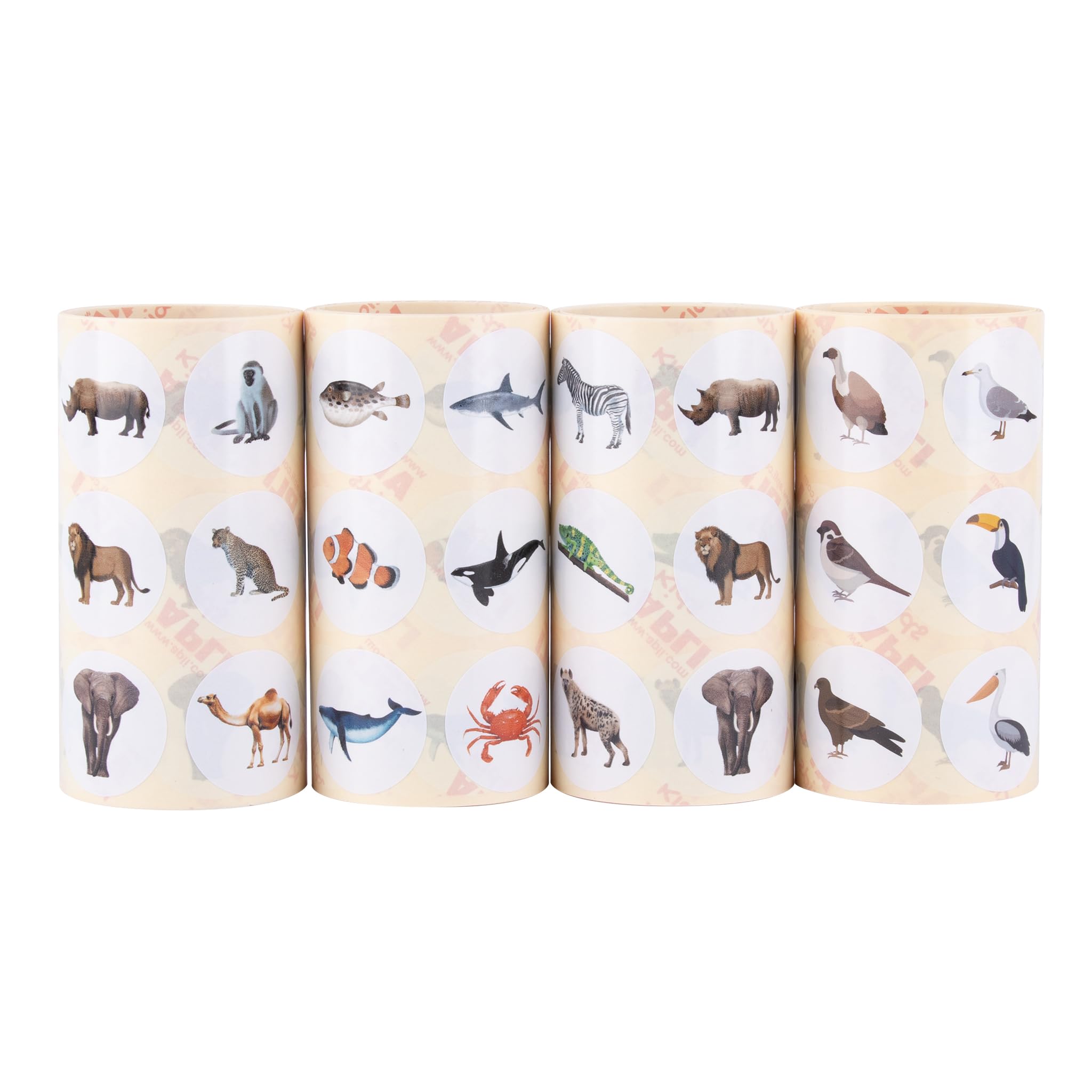 APLI Kids 20054 - Pack 4 rollos de gomets educativos círculos 33mm con temática sobre animales marinos, terrestres, exóticos y pájaro- ilustración realista