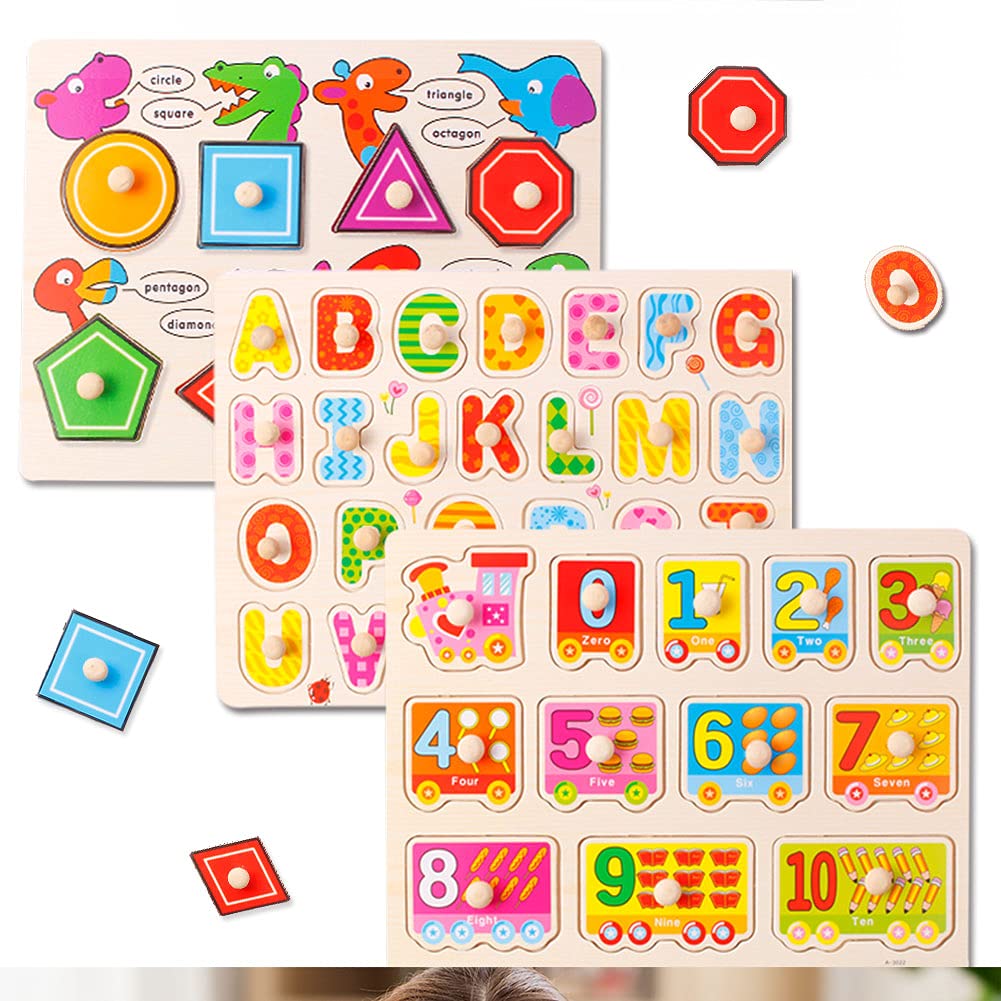 Buy Toddler Puzzles, 3 Pack Wooden Oversized ABC Alphabet Numbers Puzzles for Kids 1 2 3 4 5 6