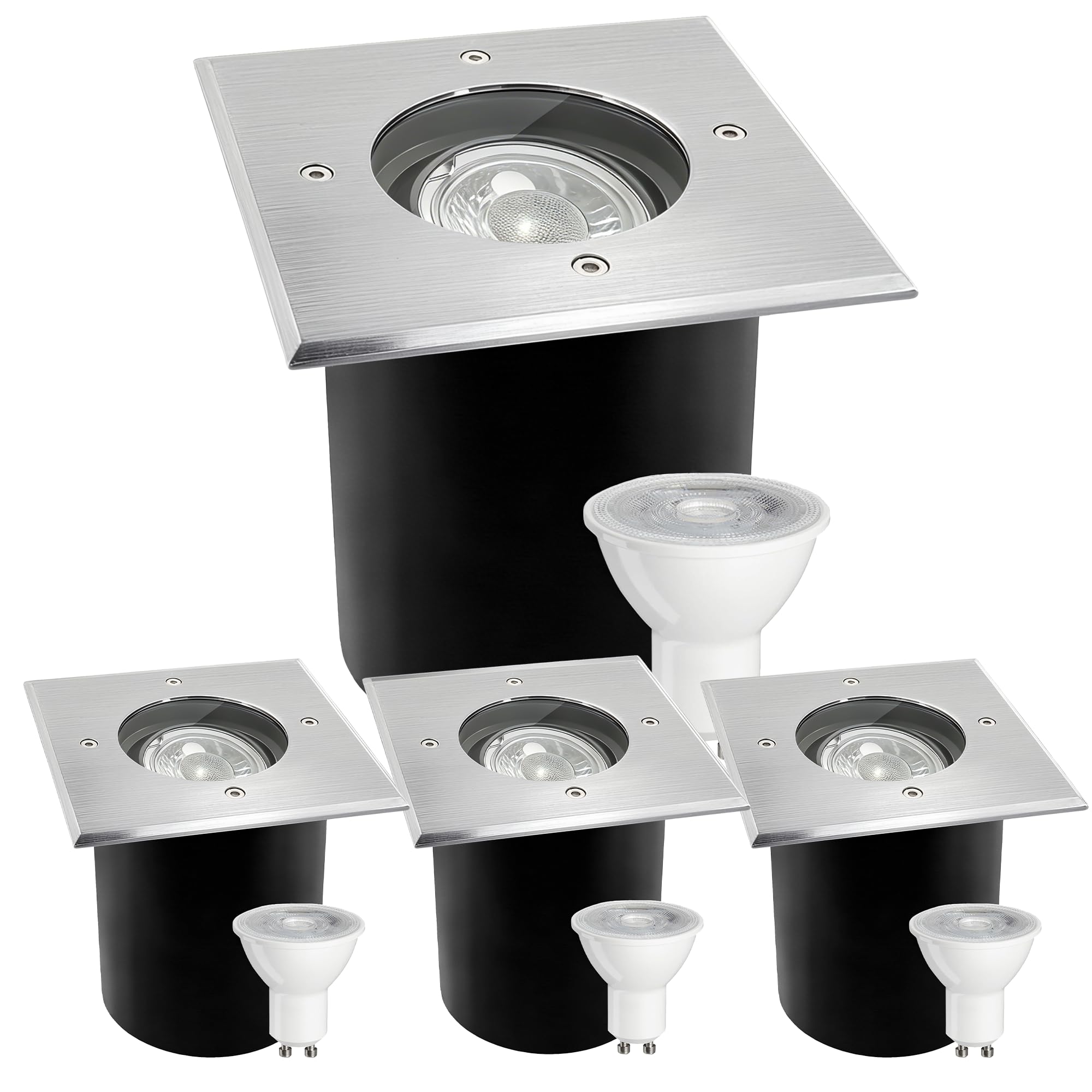 JNR 4er Set Bodenstrahler Außen Schwenkbar GU10 IP67 Wasserdicht mit LED 5W 3000K Warmweiß, Bodeneinbaustrahler Aussen 230V Bodenleuchten Außen Quadratisch, Silber