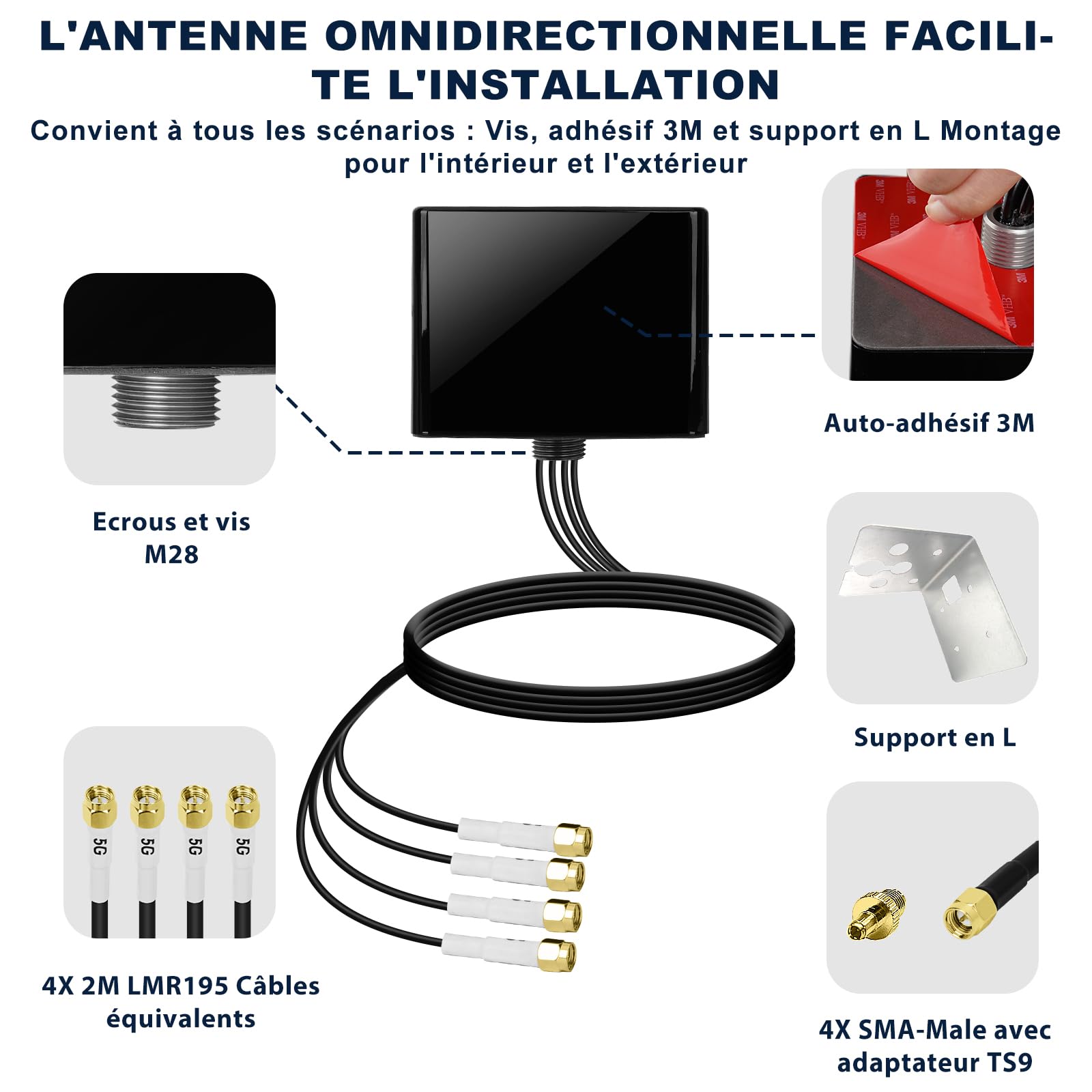 Maswell Antenne 5G extérieure 4X4 MIMO | LTE 5G NR à polarisation croisée jusqu'à 6 dBi Omni Cellular 600-8000 MHz avec WiFi 6E pour Modem routeur Robuste pour Camping-Car et Maison | 4X SMA et TS9