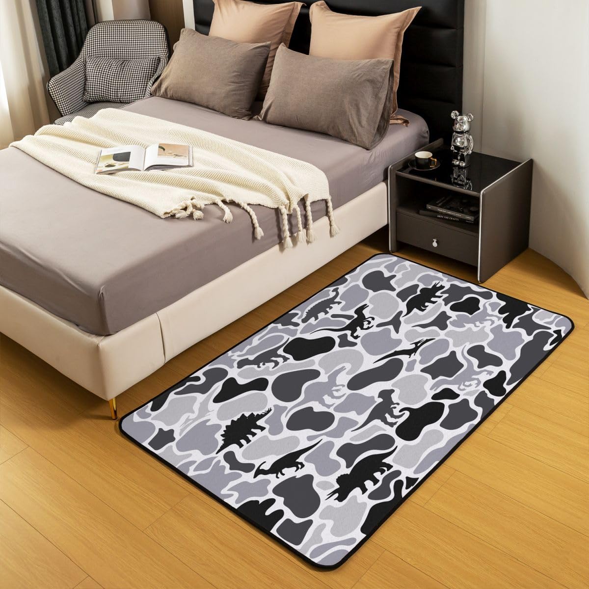 Camo Dinosaurier Teppich 100x150cm Schwarz Grau Camouflage Modern Teppich Dschungel Dino Wohnzimmerteppich Dinosaurier Tier Küchenteppich Wildes Tier Weich Waschbar