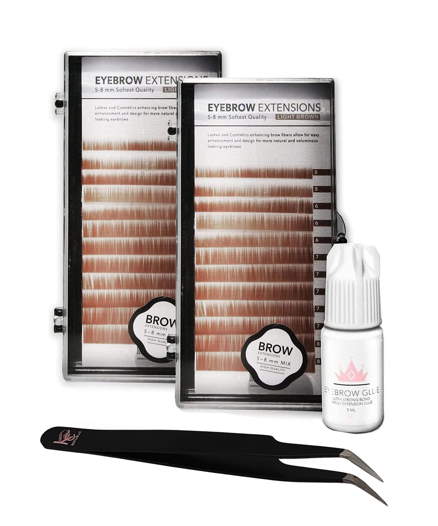 Lash Eyebrow Extensions Kit with 2 Trays of Mink False Eyebrows in Blonde/Light Brown, Eyebrow Glue Clear & Extension Tweezers, Comes on Mixed Length 5-8 mm Mix (Black Tweezer)